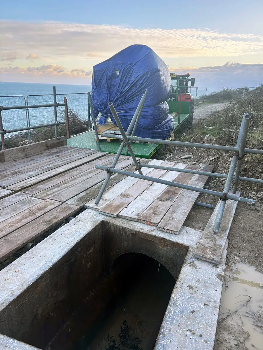 The earthquake liner being installed at the Portland Combined Trunk Sewer on the lower South West Coastal path on the Isle of Portland 