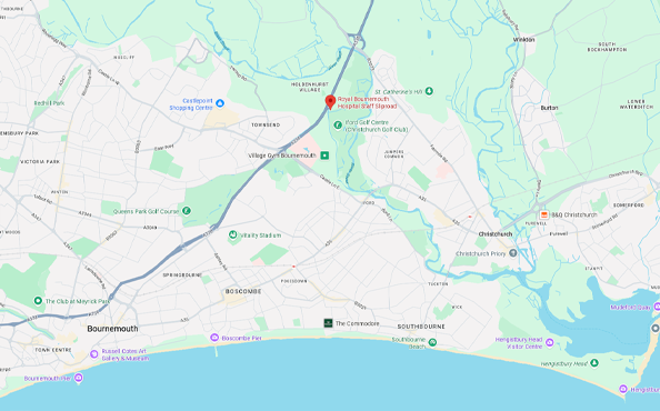 Google map showing the location of Holdenhurst education centre